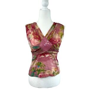 Guess Collection Sequin Mesh Tank Top Pink Floral Y2K Fairycore Tropical Small
